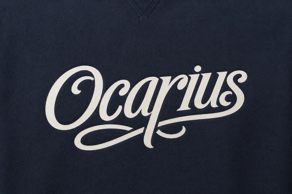 Screen printed Ocarius logo on navy cotton garment